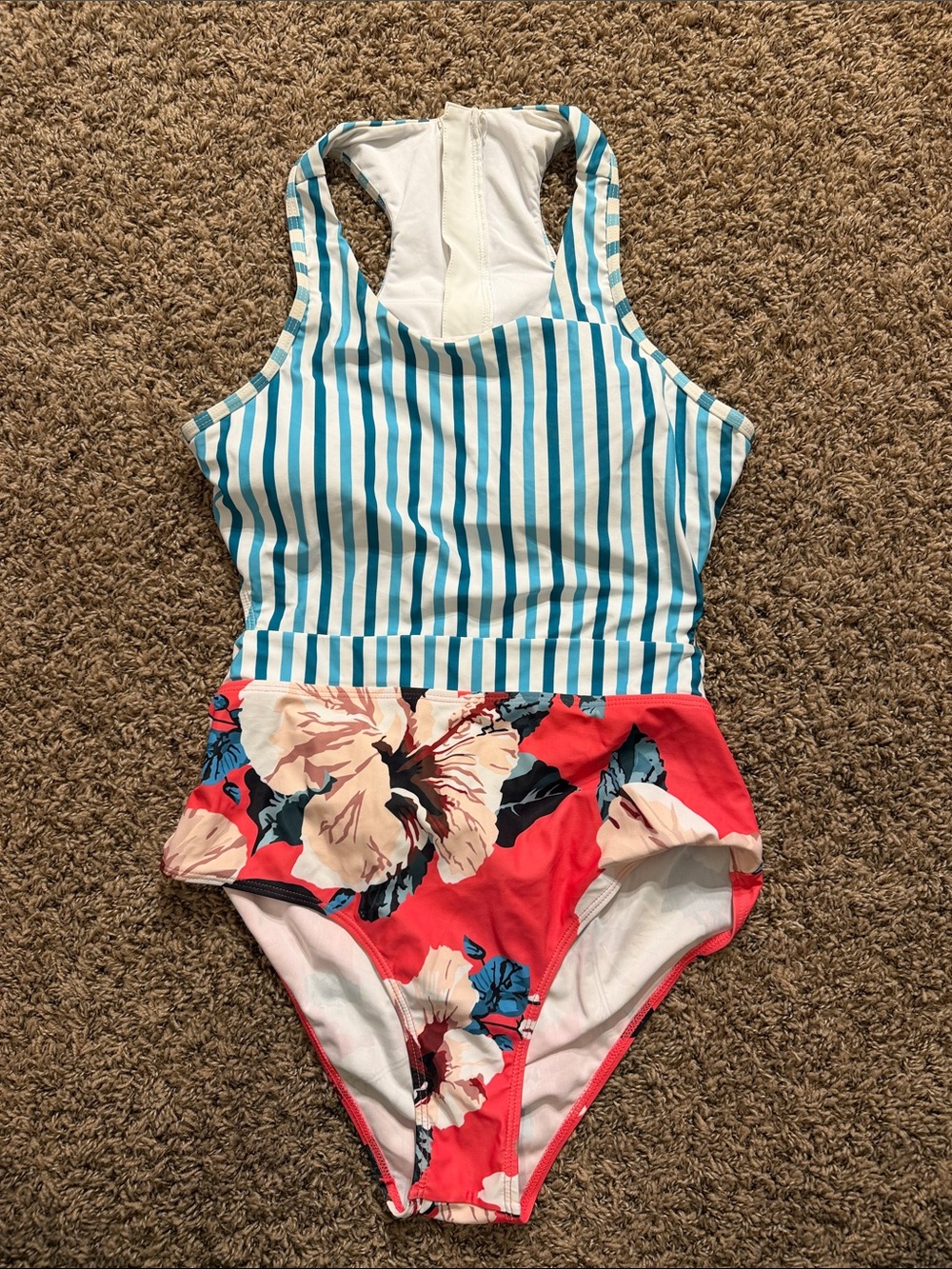 Source Unknown Teal Stripe and Coral Floral Skirted One-Piece